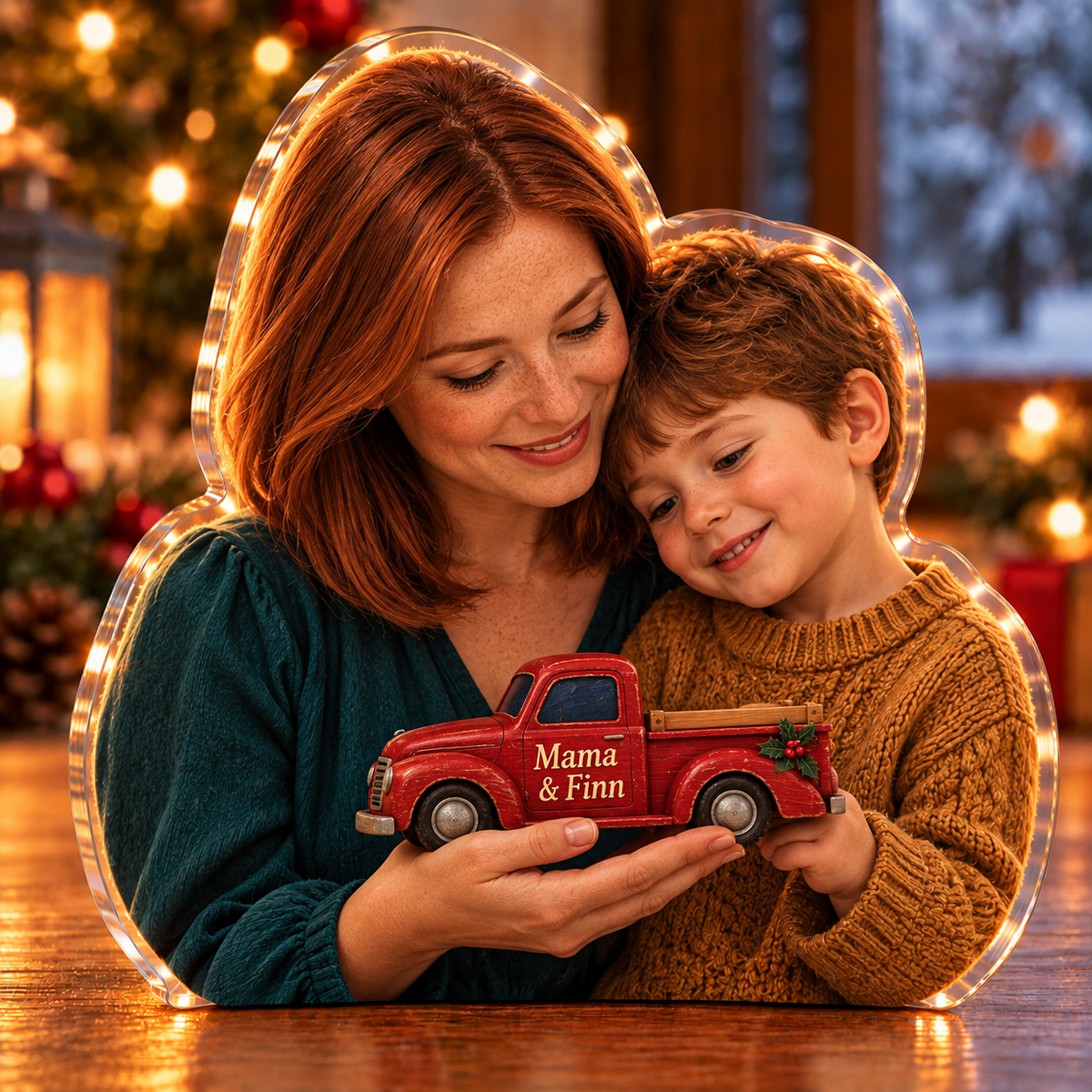 Front-view digital preview of a Christmas toy car together acrylic plaque with example name Mama & Finn integrated into the the illustrated car side name detail
