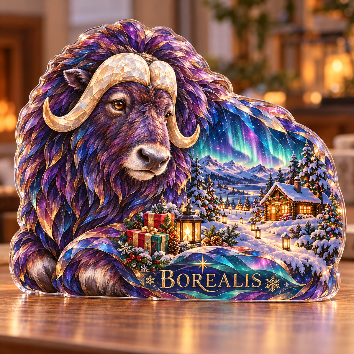 Front-view digital preview of a Christmas amethyst musk ox acrylic plaque with example name BOREALIS integrated into the lowest intrinsic shaggy flank facets