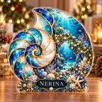 Front-view digital preview of a Christmas nautilus sapphire reef acrylic plaque with example name Nerina integrated into the lower shell coral detail