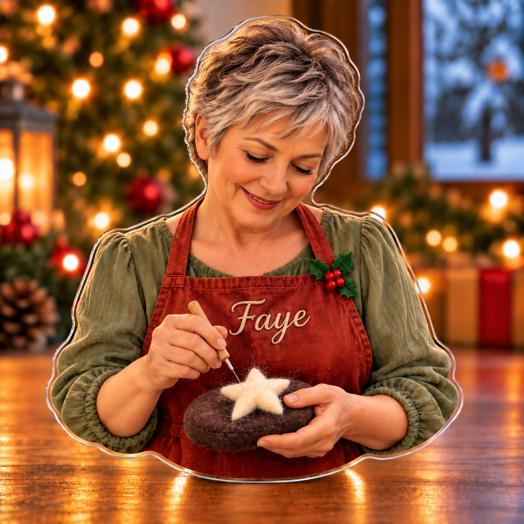 Front-view digital preview of a Christmas felting artist wool star acrylic plaque with example name Faye integrated into the apron chest