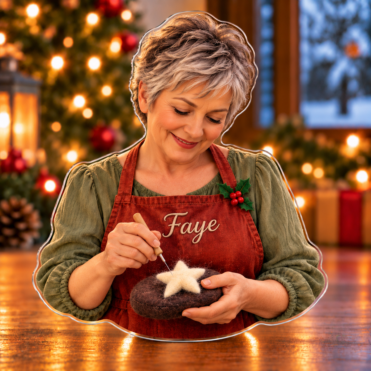 Front-view digital preview of a Christmas felting artist wool star acrylic plaque with example name Faye integrated into the apron chest