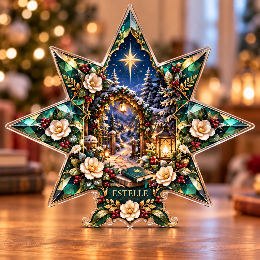 Front-view digital preview of a Christmas north star emerald wish acrylic plaque with example name Estelle integrated into the lower star botanical detail