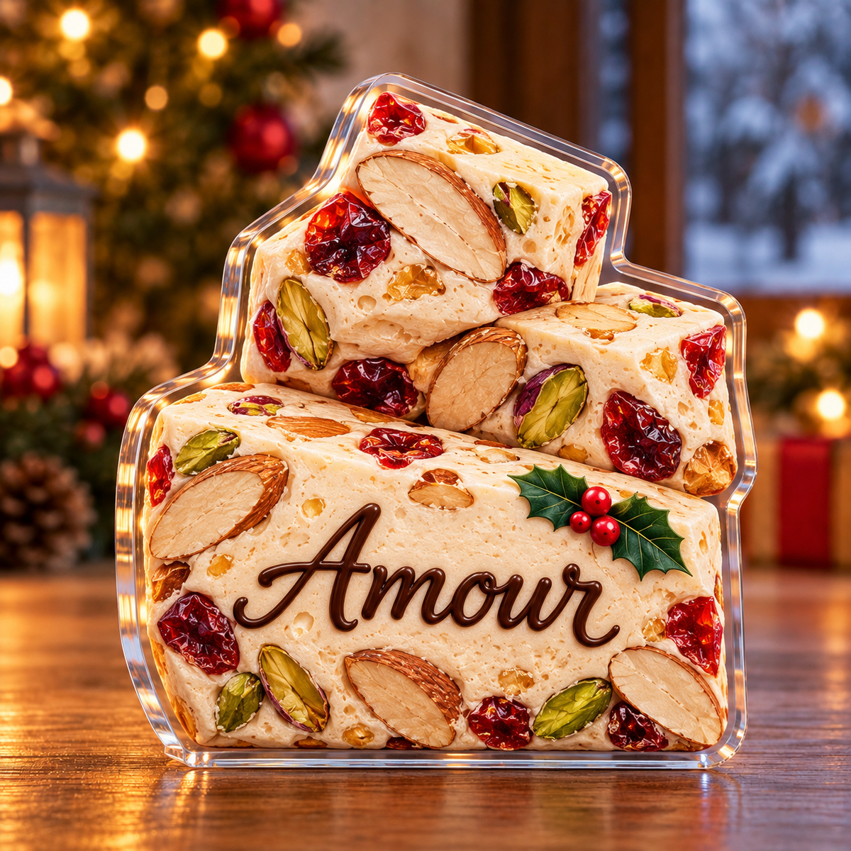 Front-view digital preview of a Christmas nougat sweet memory acrylic plaque with example name Amour integrated into the front nougat bar icing name panel