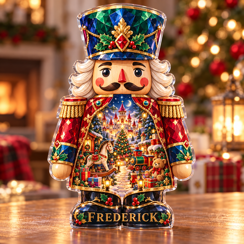 Front-view digital preview of a Christmas nutcracker ruby toykingdom acrylic plaque with example name FREDERICK integrated into the intrinsic lower boot trim