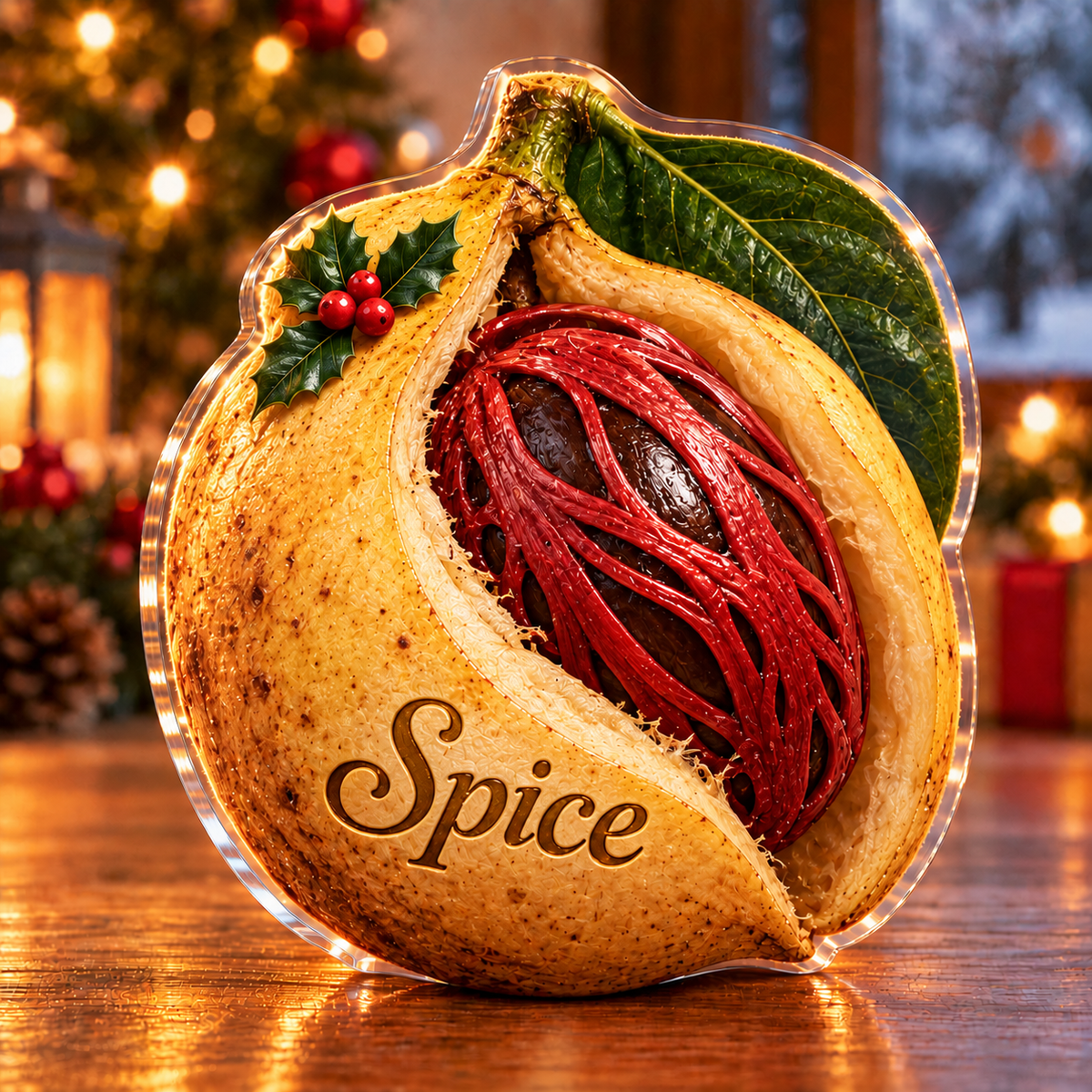 Front-view digital preview of a Christmas nutmeg spice memory acrylic plaque with example name Spice integrated into the the illustrated lower yellow husk name detail