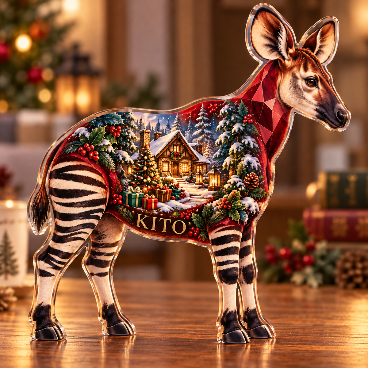 Front-view digital preview of a Christmas okapi ruby woodlandretreat acrylic plaque with example name KITO integrated into the lower flank facets