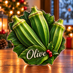 Front-view digital preview of a Christmas okra green harvest acrylic plaque with example name Olive integrated into the front leaf surface