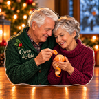 Front-view digital preview of a Christmas couple clementine memory acrylic plaque with example name Owen & Ada integrated into the front cardigan chest