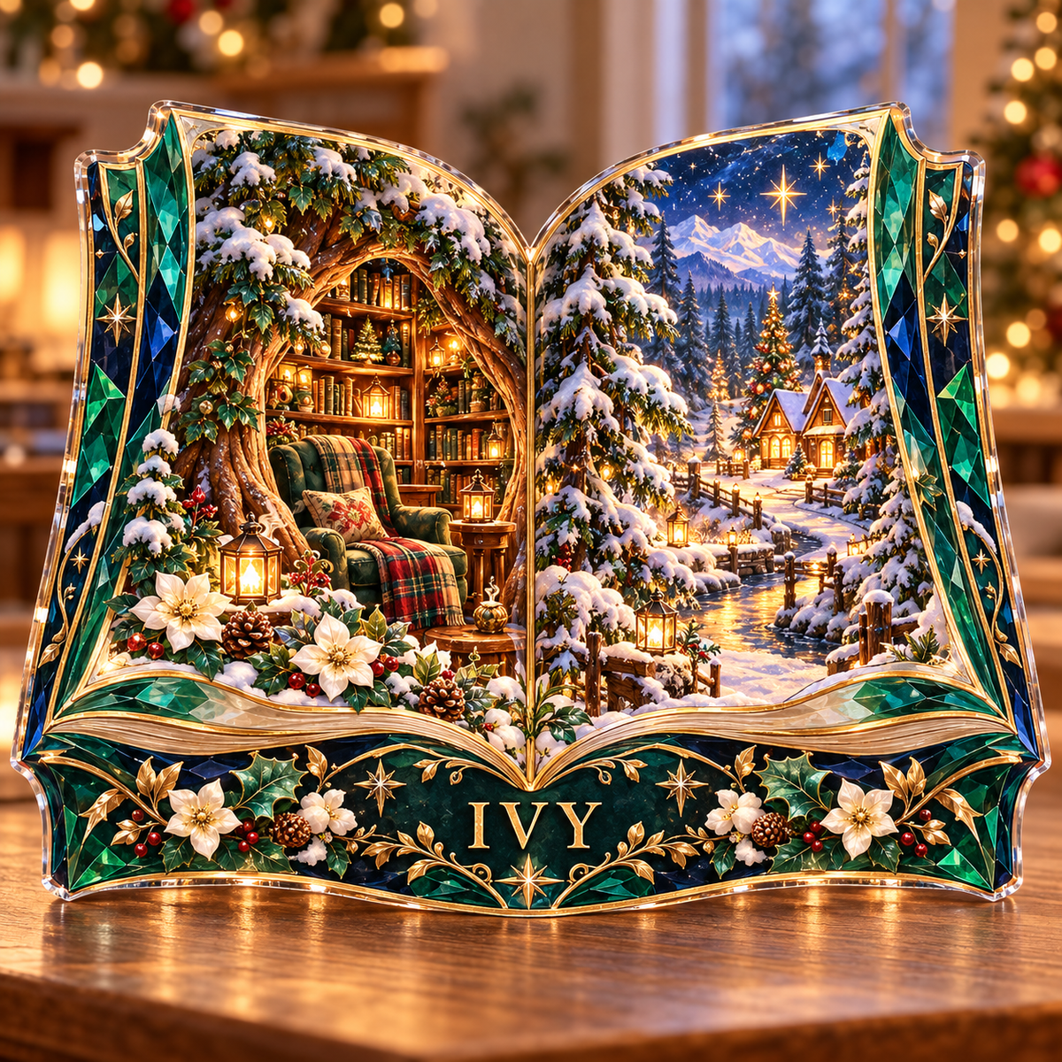 Front-view digital preview of a Christmas open book emerald forest acrylic plaque with example name Ivy integrated into the lower book botanical detail