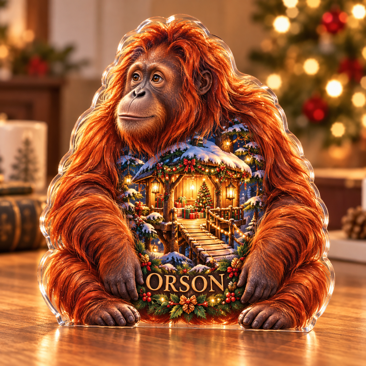 Front-view digital preview of a Christmas orangutan amber canopyhut acrylic plaque with example name ORSON integrated into the lower torso fur facets