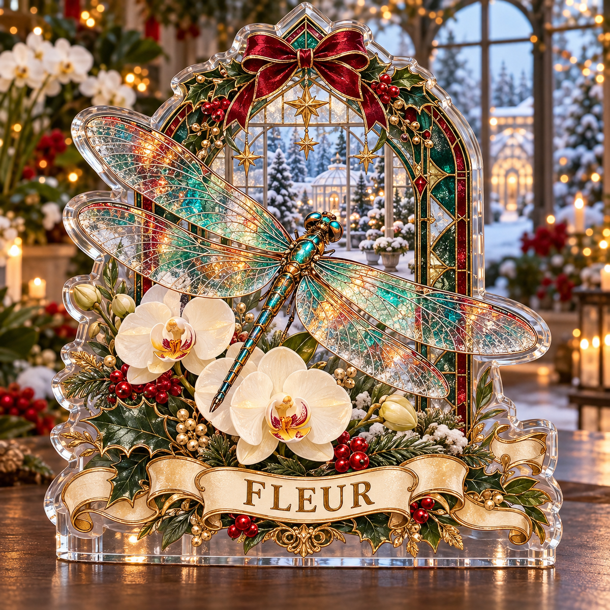 Front-view digital preview of a personalized Christmas orchid dragonfly greenhouse acrylic plaque with example name FLEUR