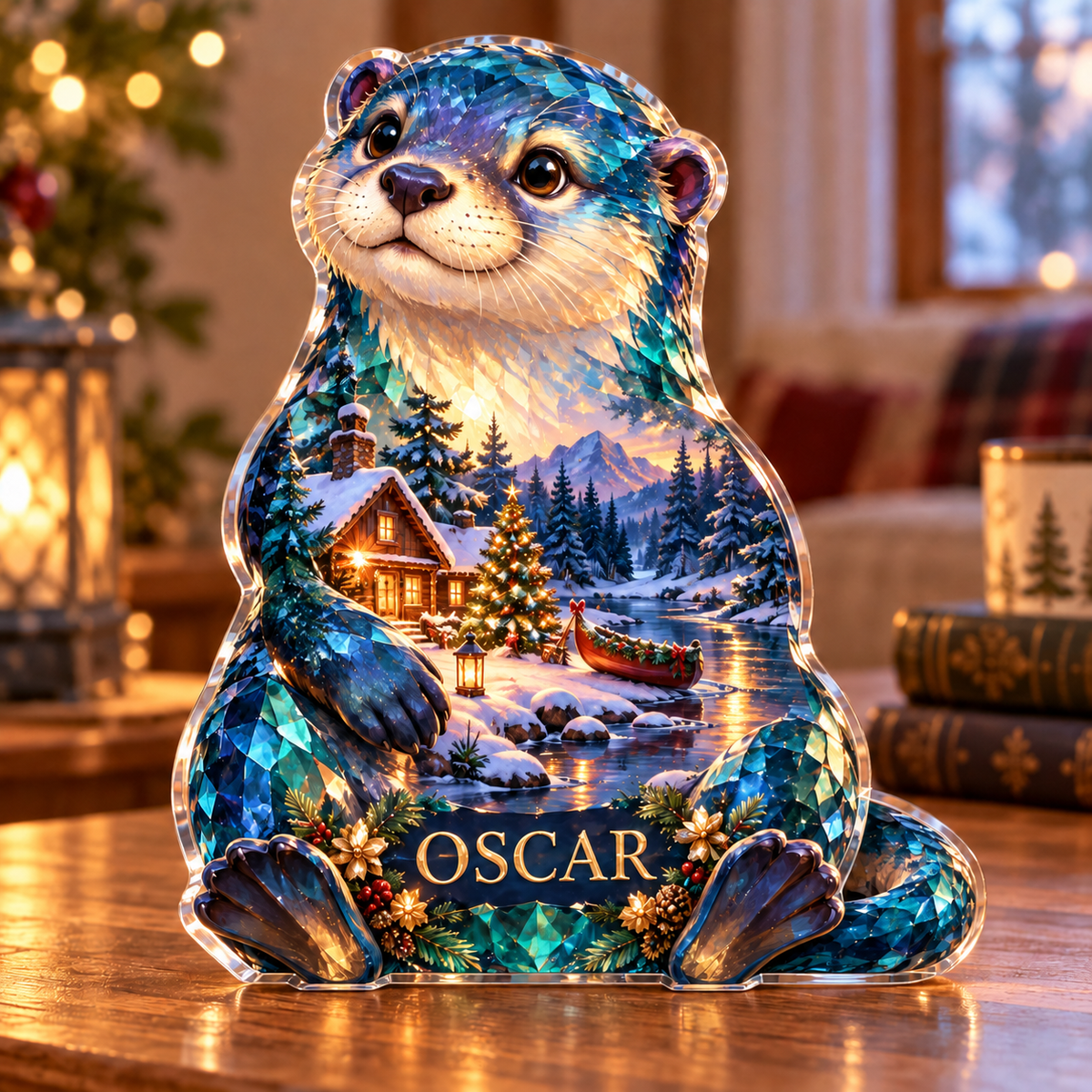Front-view digital preview of a Christmas otter sapphire rivercabin acrylic plaque with example name OSCAR integrated into the lower belly facets