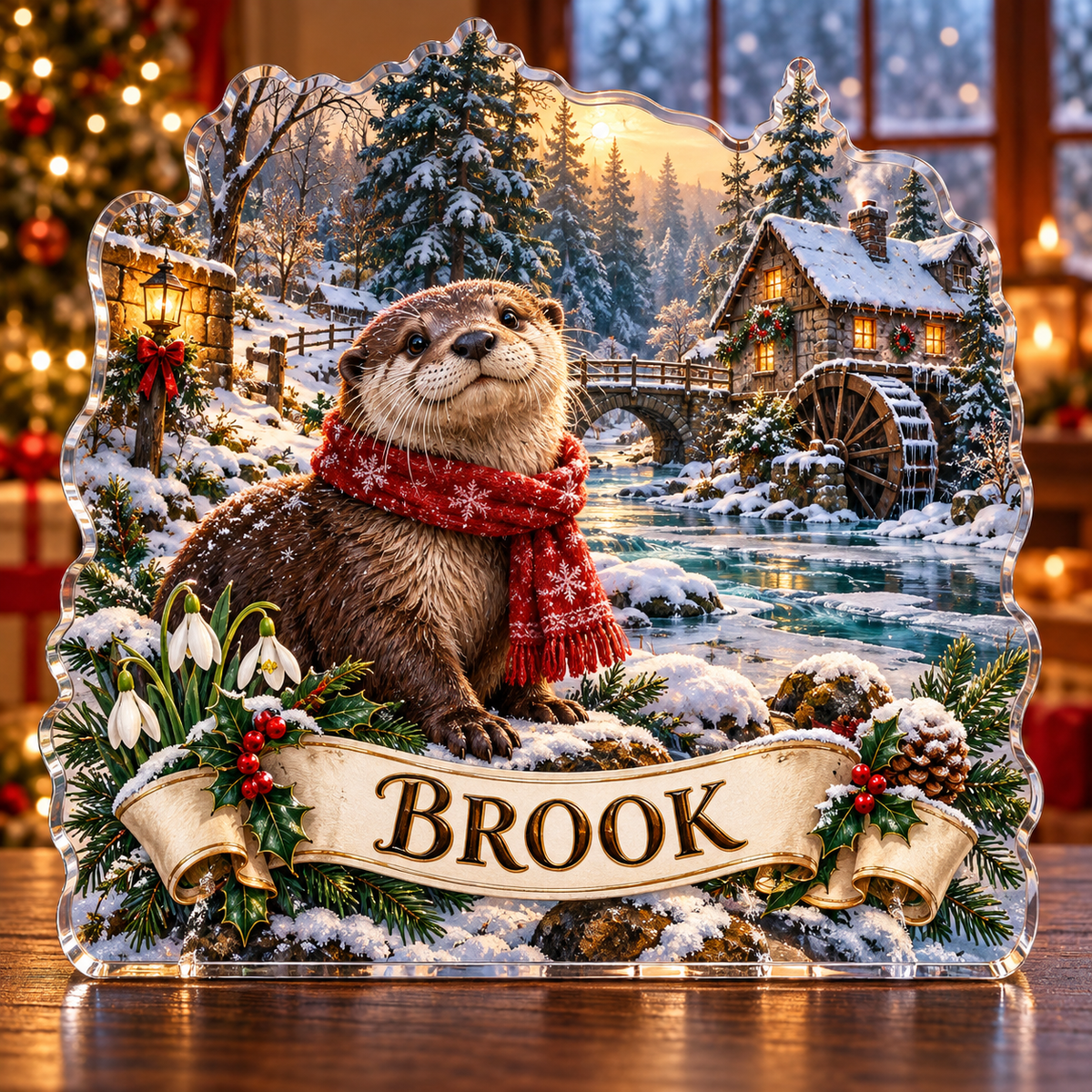 Front-view digital preview of a personalized Christmas otter riverside mill acrylic plaque with example name BROOK