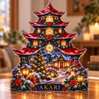 Front-view digital preview of a Christmas ruby pagoda acrylic plaque with example name AKARI integrated into the lowest intrinsic pavilion masonry