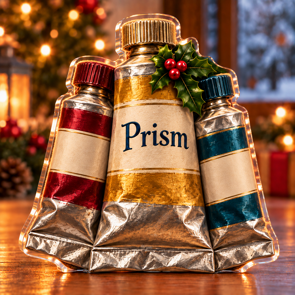Front-view digital preview of a Christmas paint tube color joy acrylic plaque with example name Prism integrated into the the illustrated central tube label name detail