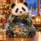 Front-view digital preview of a Christmas panda opal bamboo acrylic plaque with example name Bao integrated into the lower intrinsic panda botanical detail