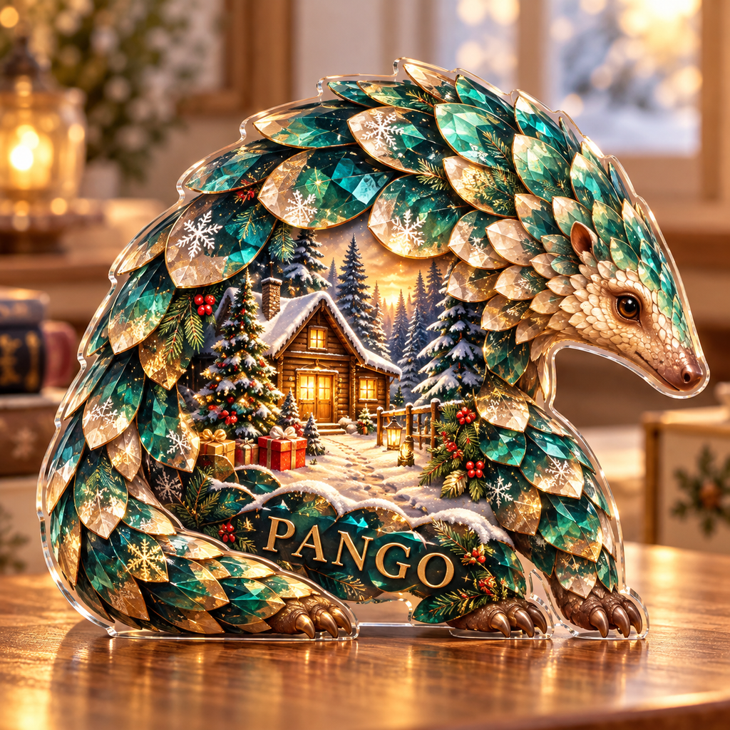 Front-view digital preview of a Christmas pangolin emerald foresthut acrylic plaque with example name PANGO integrated into the lower body scale facets