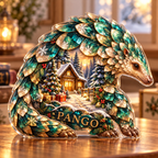 Front-view digital preview of a Christmas pangolin emerald foresthut acrylic plaque with example name PANGO integrated into the lower body scale facets