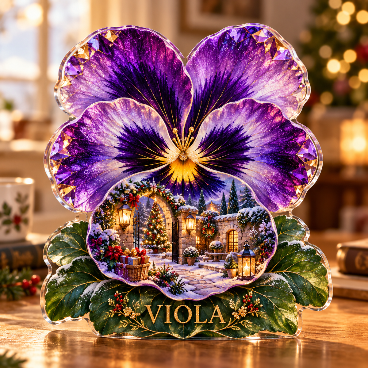 Front-view digital preview of a Christmas pansy amethyst courtyard acrylic plaque with example name VIOLA integrated into the lower leaf veins