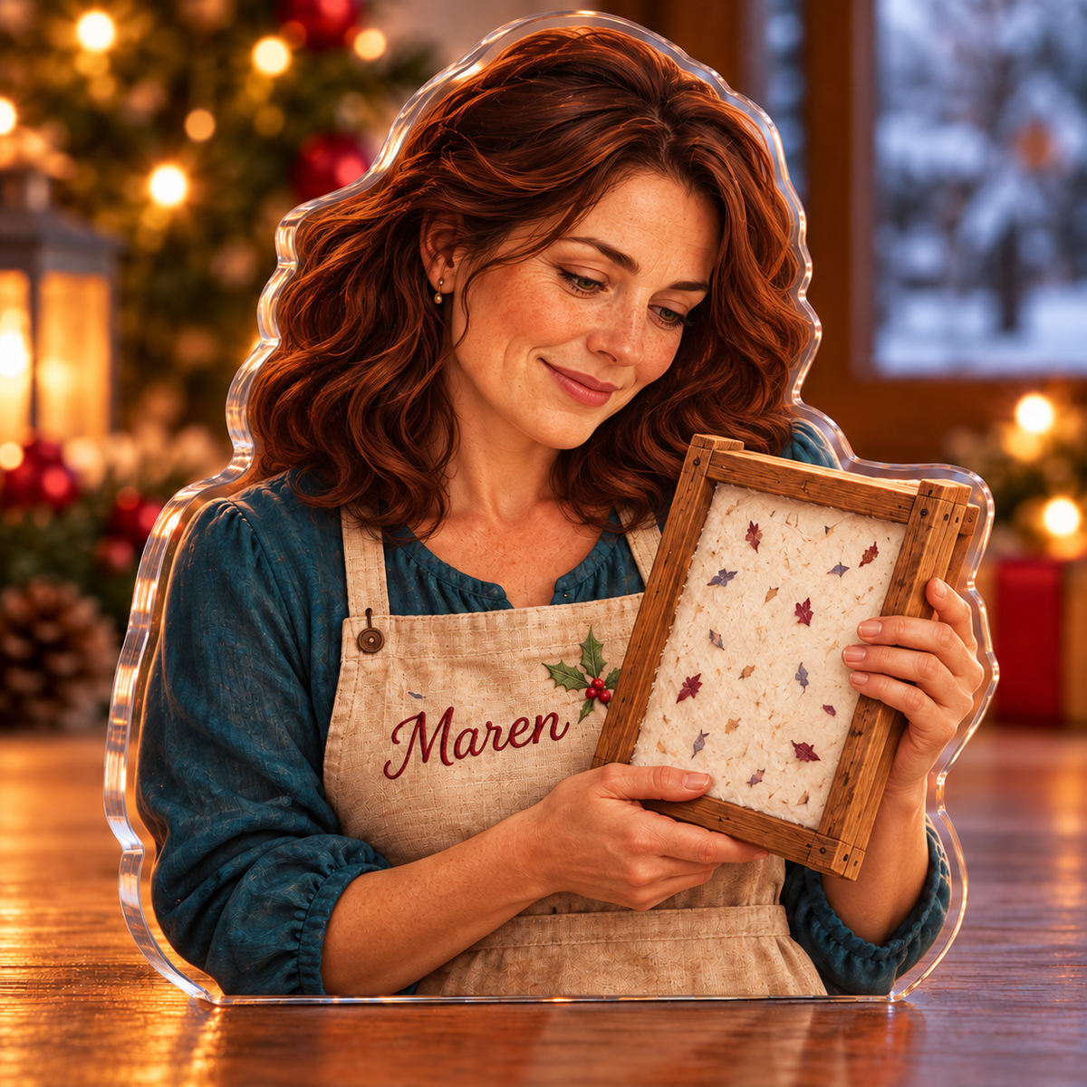 Front-view digital preview of a Christmas papermaker petal joy acrylic plaque with example name Maren integrated into the the illustrated front apron name stitching