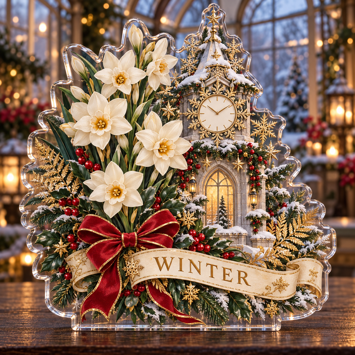 Front-view digital preview of a personalized Christmas paperwhite snowflake tower acrylic plaque with example name WINTER