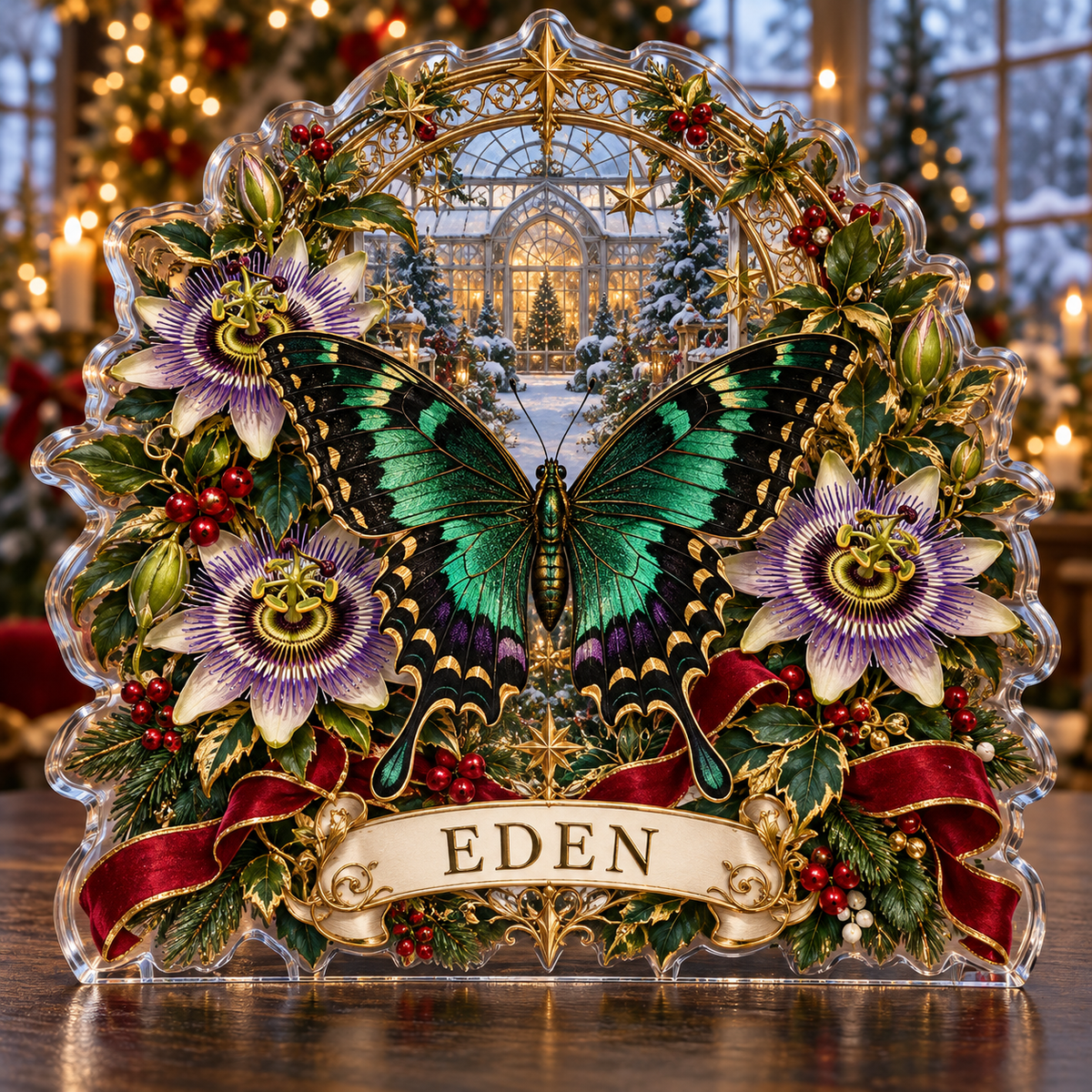 Front-view digital preview of a personalized Christmas passionflower swallowtail acrylic plaque with example name EDEN