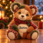 Front-view digital preview of a Christmas patchwork teddy love acrylic plaque with example name Button integrated into the the illustrated front fabric patch name stitching