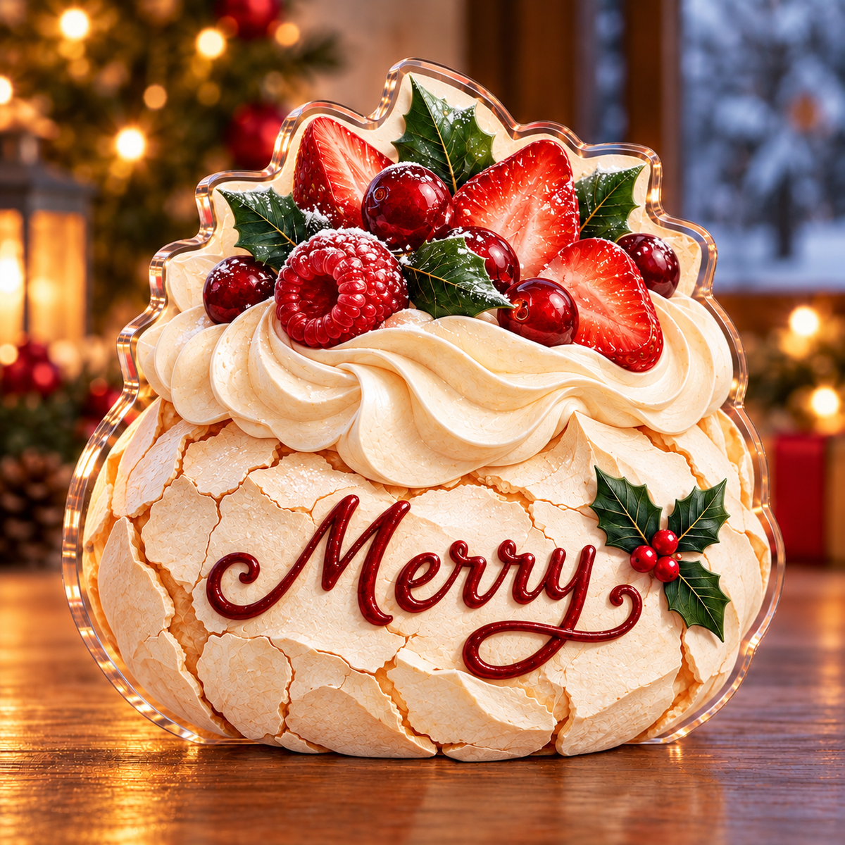 Front-view digital preview of a Christmas pavlova berry cloud acrylic plaque with example name Merry integrated into the pavlova front icing name detail