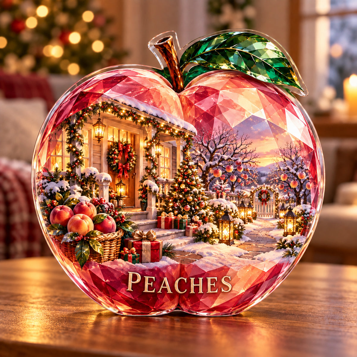 Front-view digital preview of a Christmas ruby opal peach acrylic plaque with example name PEACHES integrated into the lowest fruit body facets