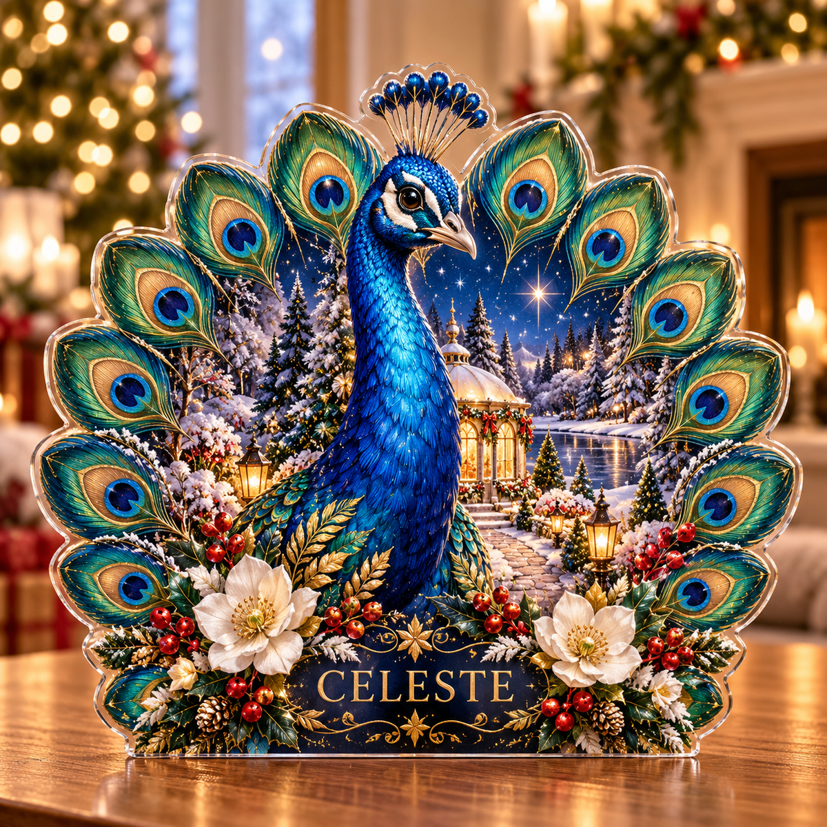 Front-view digital preview of a Christmas peacock sapphire pavilion acrylic plaque with example name Celeste integrated into the lower tail floral detail