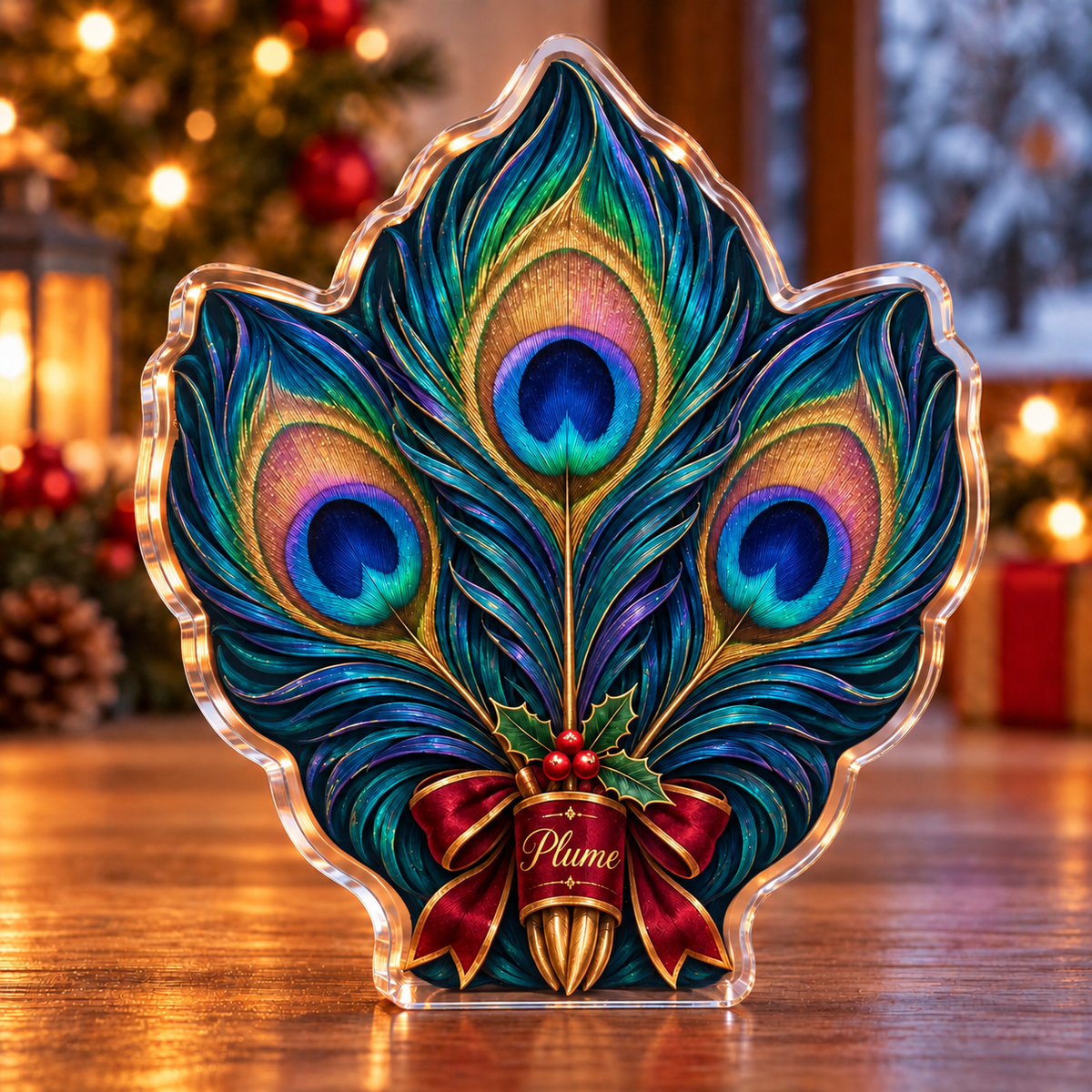 Front-view digital preview of a Christmas peacock feather jewel acrylic plaque with example name Plume integrated into the lower quill cluster name cartouche