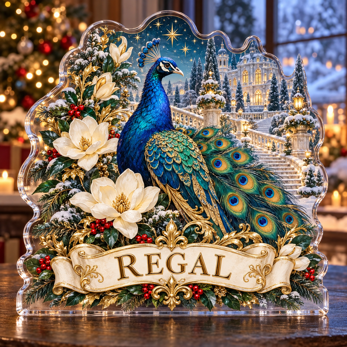 Front-view digital preview of a personalized Christmas peacock magnolia palace acrylic plaque with example name REGAL