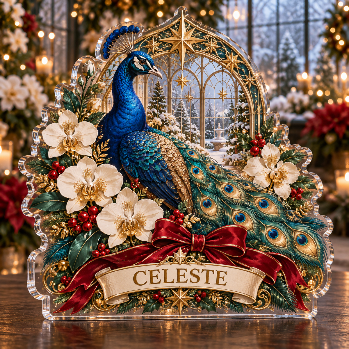 Front-view digital preview of a personalized Christmas peacock orchid celestial greenhouse acrylic plaque with example name CELESTE