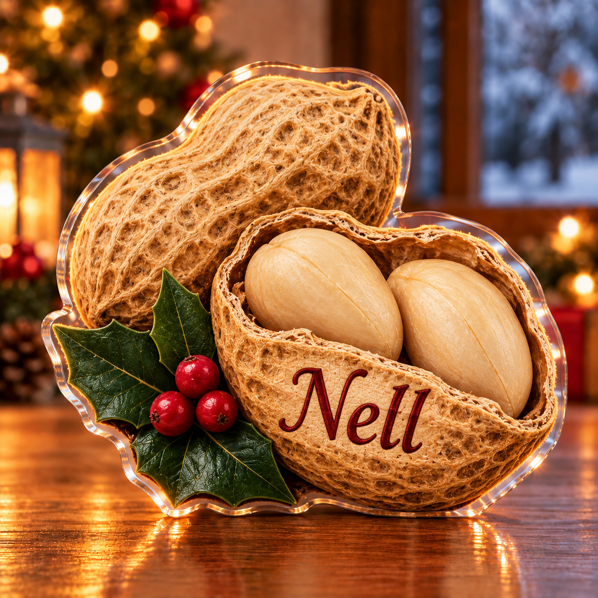 Front-view digital preview of a Christmas peanut little joy acrylic plaque with example name Nell integrated into the the illustrated front peanut shell name detail