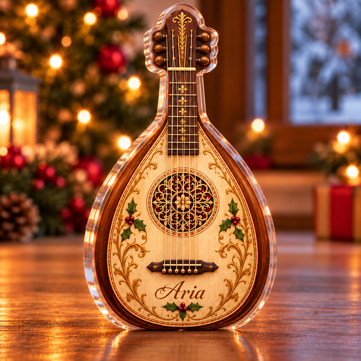 Front-view digital preview of a Christmas pear lute melody acrylic plaque with example name Aria integrated into the lute lower soundboard name engraving