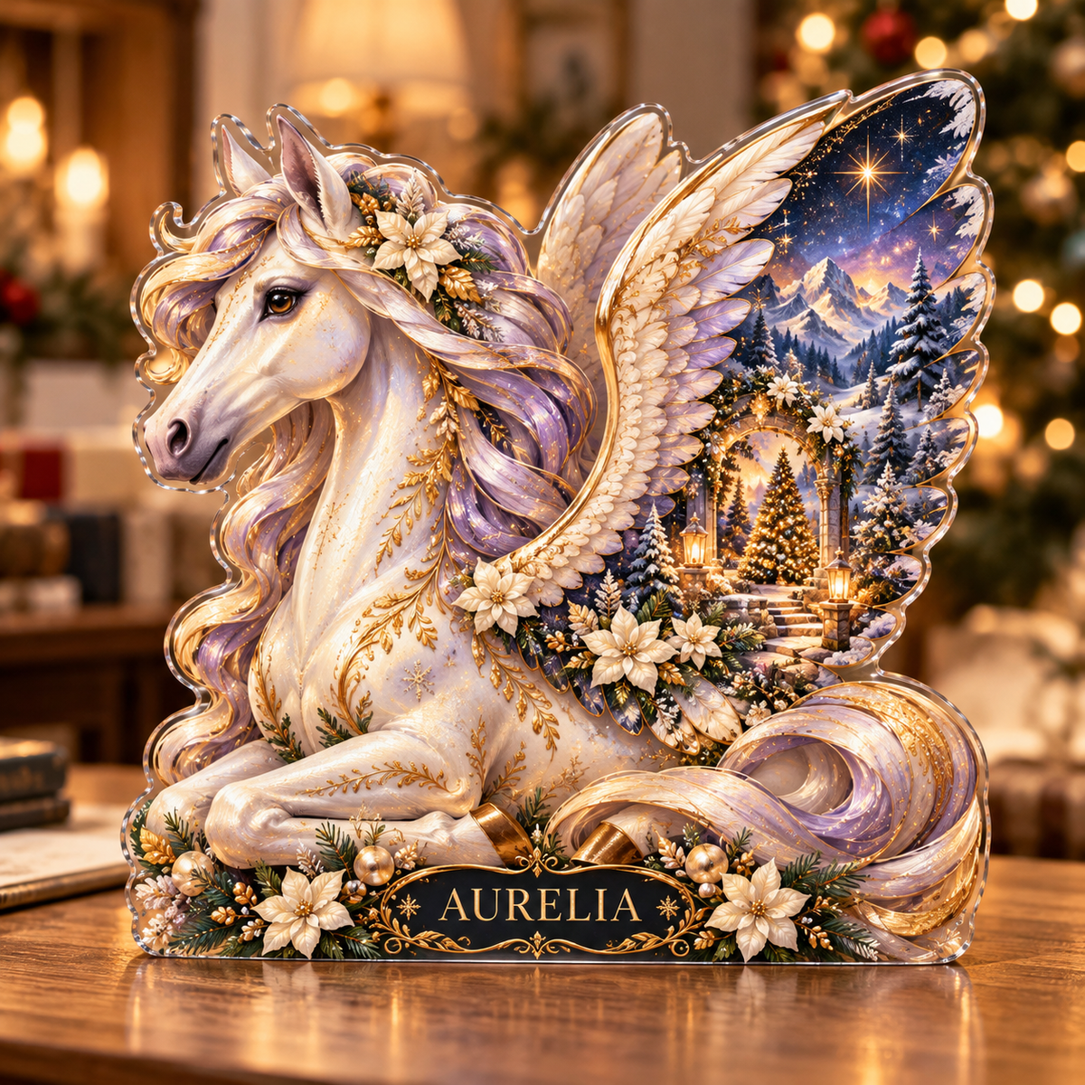 Front-view digital preview of a Christmas pegasus opal skygate acrylic plaque with example name Aurelia integrated into the lower pegasus botanical detail