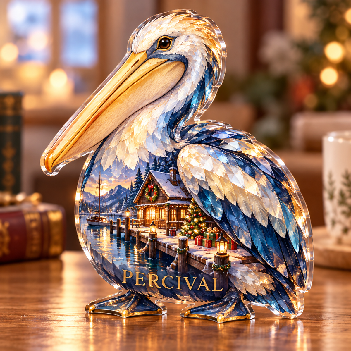 Front-view digital preview of a Christmas pelican opal marinalodge acrylic plaque with example name PERCIVAL integrated into the lower breast feather facets