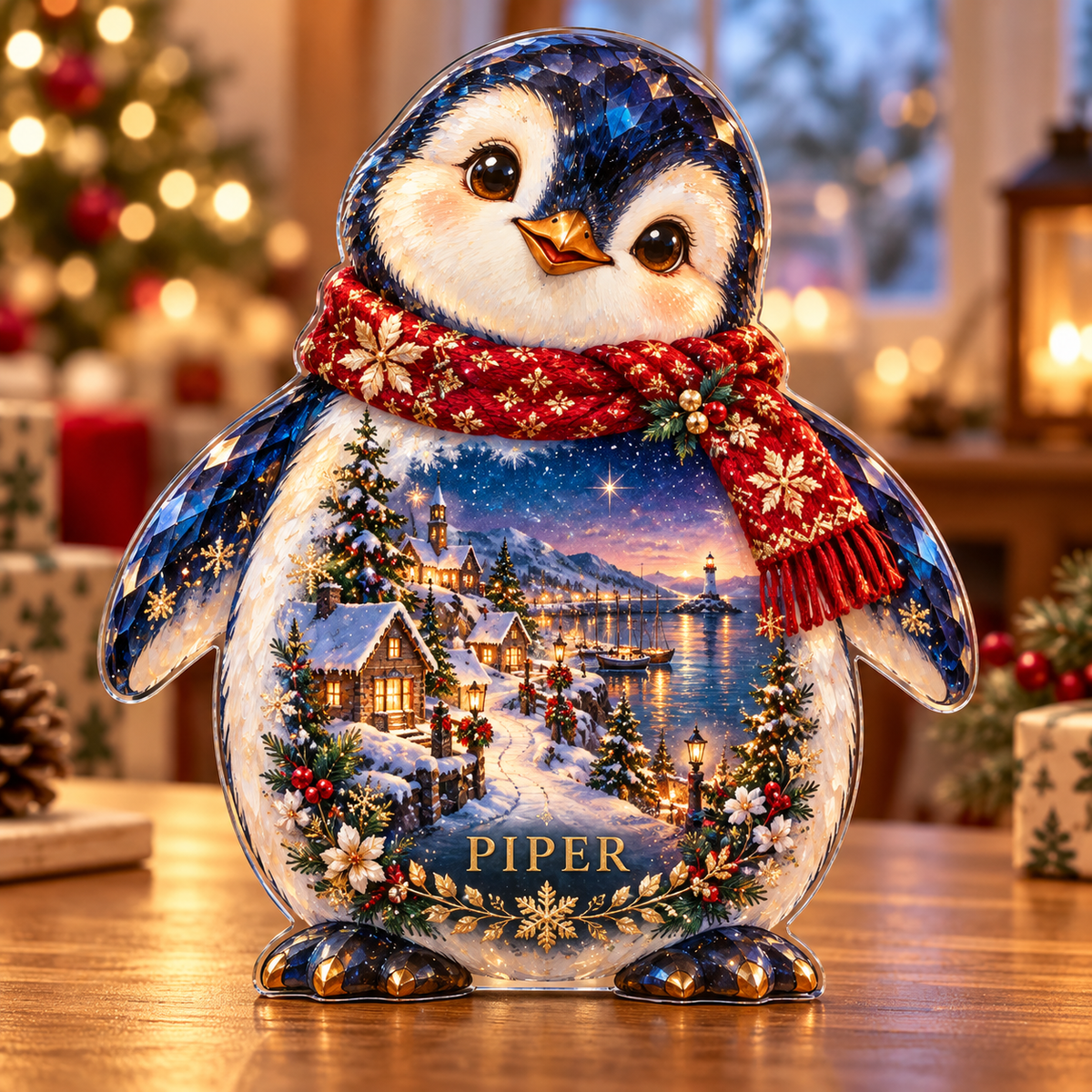 Front-view digital preview of a Christmas penguin opal village acrylic plaque with example name Piper integrated into the lower intrinsic penguin snowflake detail