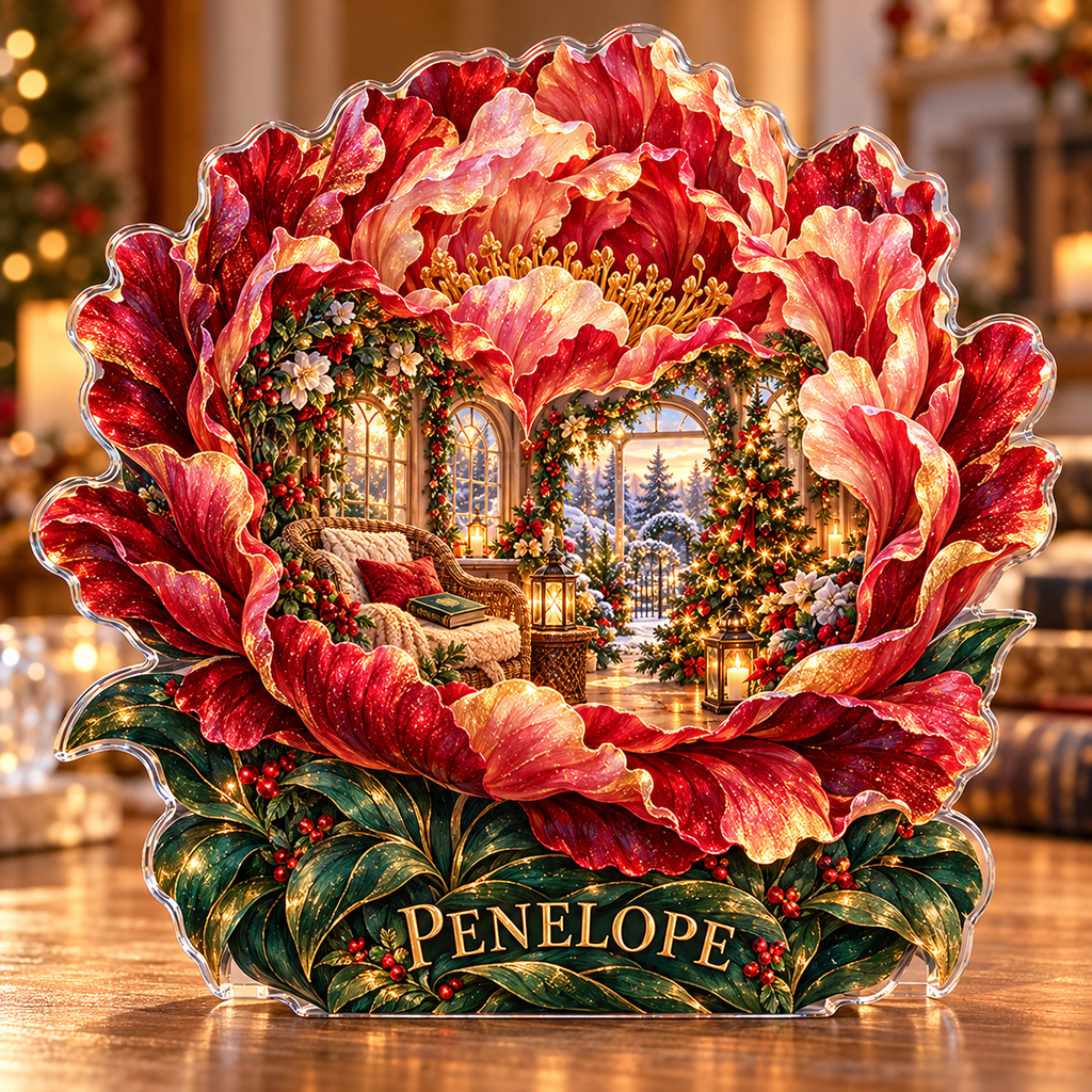 Front-view digital preview of a Christmas peony ruby conservatory acrylic plaque with example name PENELOPE integrated into the lower leaf veins