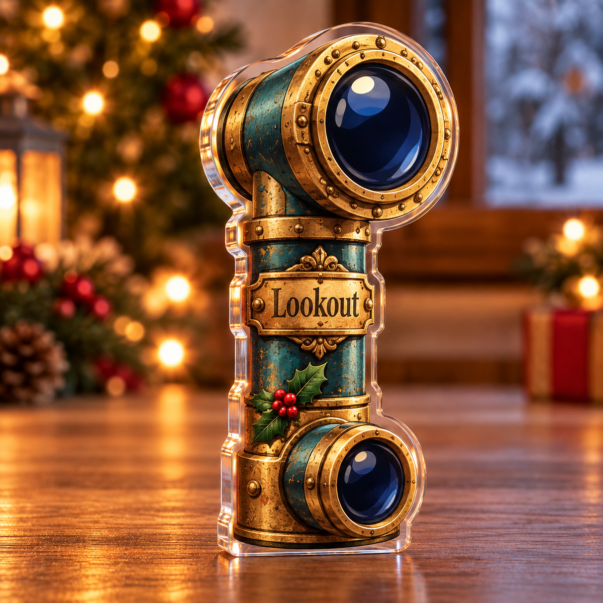 Front-view digital preview of a Christmas periscope curiosity acrylic plaque with example name Lookout integrated into the periscope front brass name plate