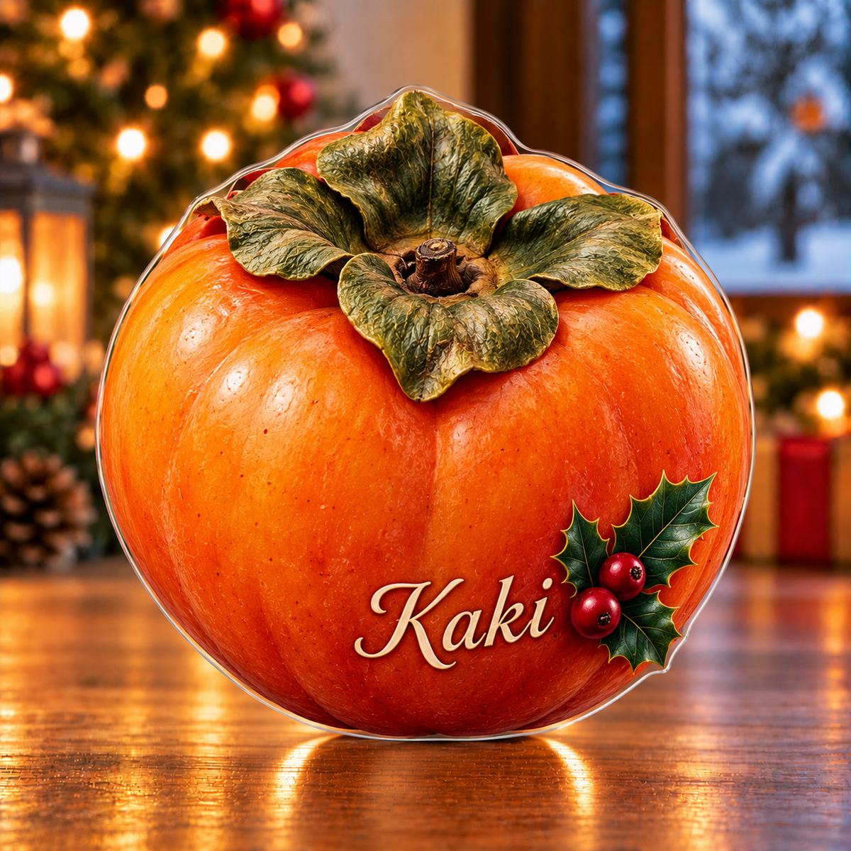 Front-view digital preview of a Christmas persimmon golden orchard acrylic plaque with example name Kaki integrated into the lower fruit skin