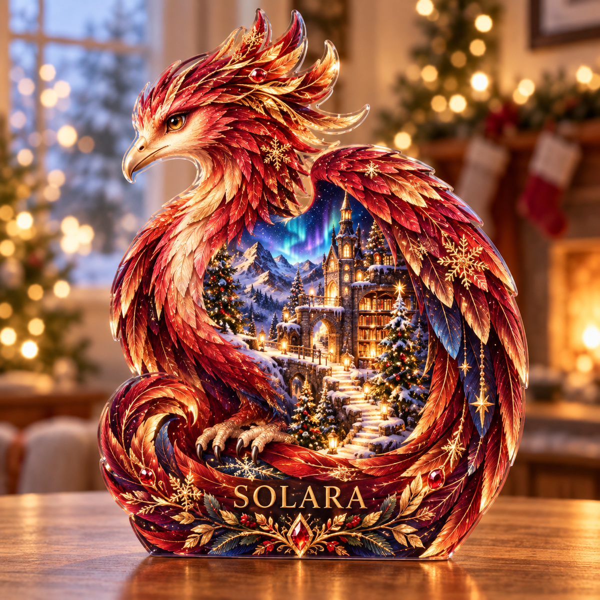 Front-view digital preview of a Christmas phoenix ruby snowspire acrylic plaque with example name Solara integrated into the lower intrinsic phoenix botanical detail
