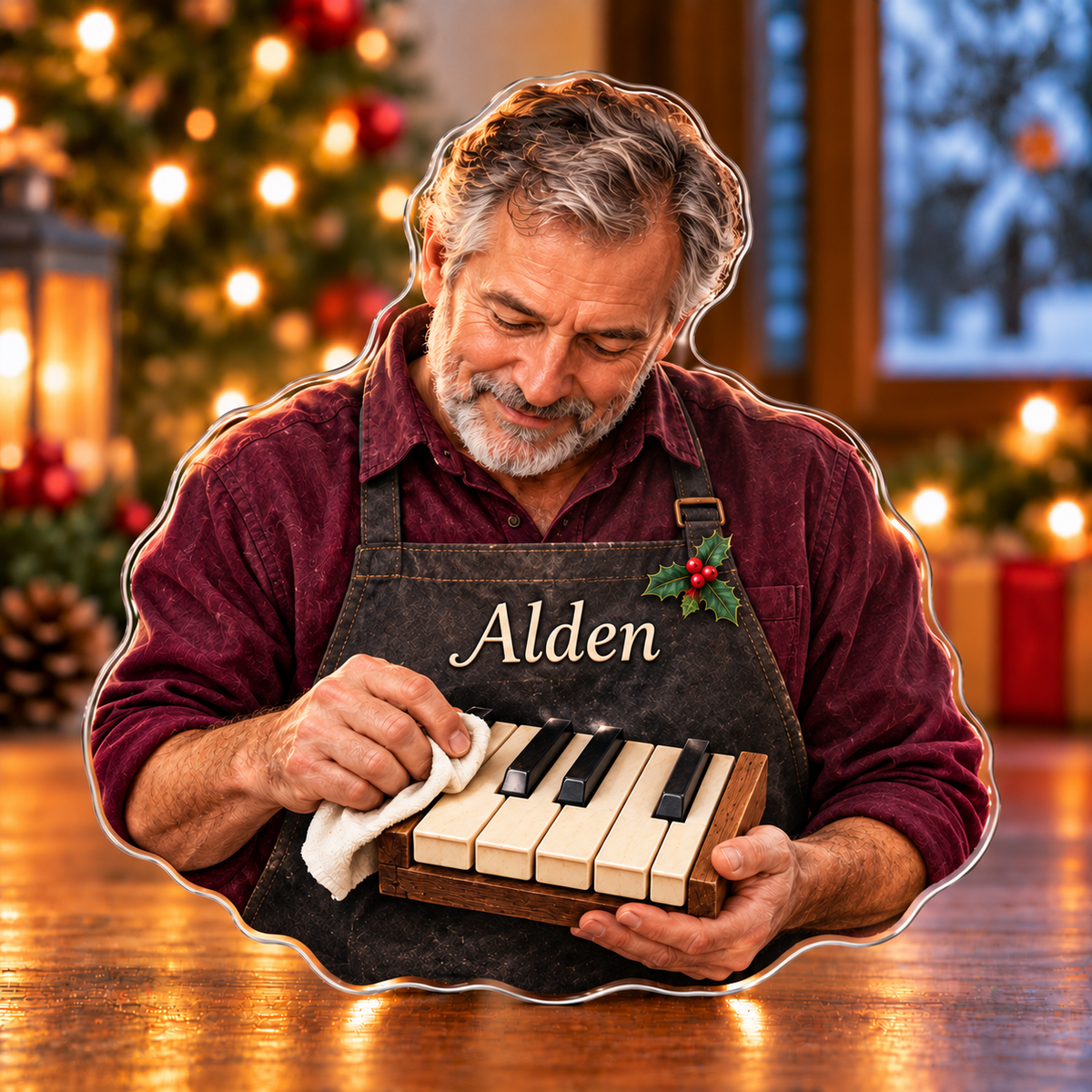 Front-view digital preview of a Christmas piano key restorer acrylic plaque with example name Alden integrated into the apron chest