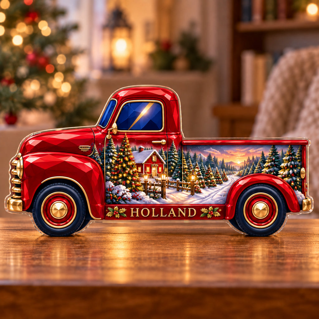 Front-view digital preview of a Christmas ruby pickup truck acrylic plaque with example name HOLLAND integrated into the lowest intrinsic side sill facets