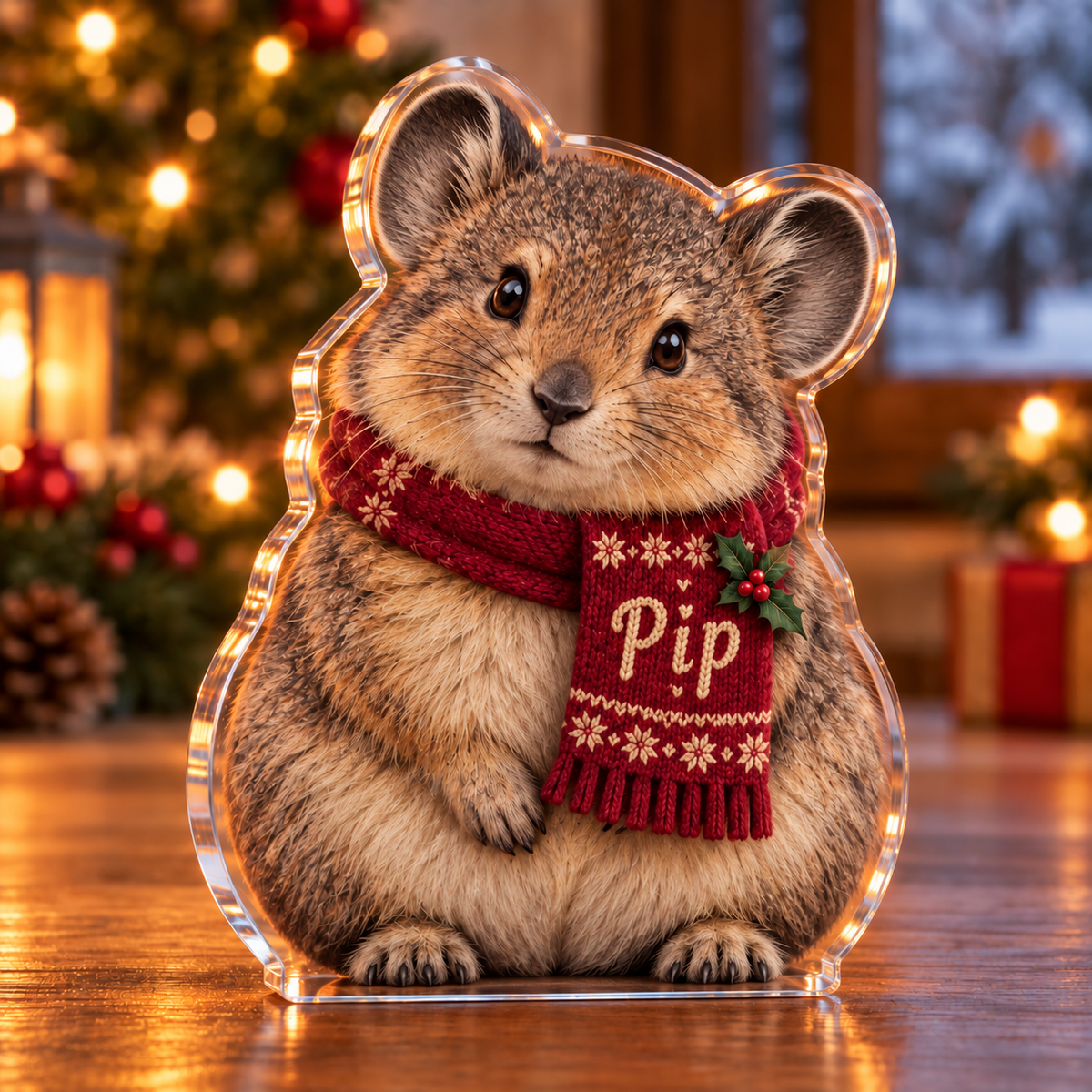 Front-view digital preview of a Christmas pika winter whisper acrylic plaque with example name Pip integrated into the pika scarf front name embroidery