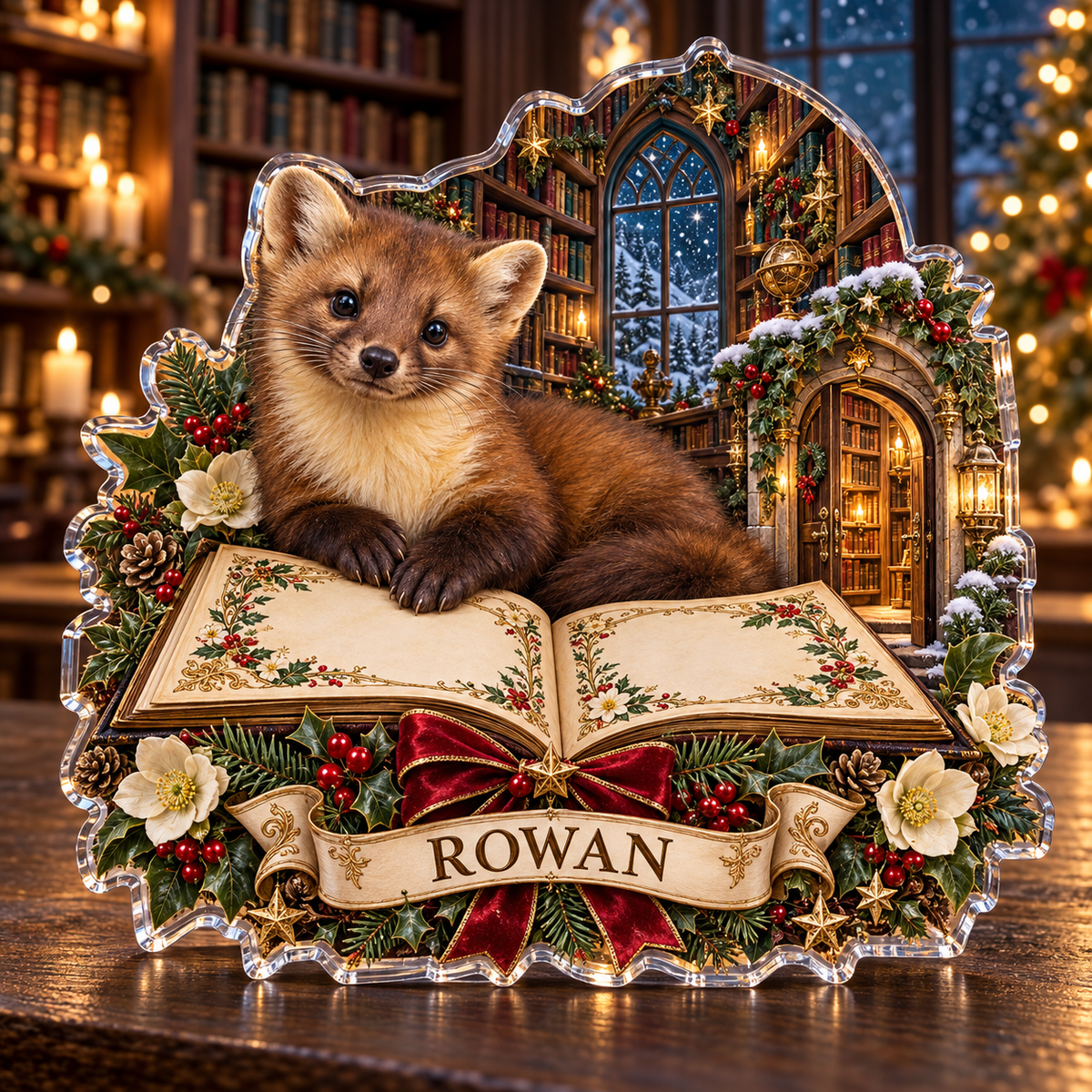 Front-view digital preview of a personalized Christmas pine marten and festive library acrylic plaque with example name ROWAN