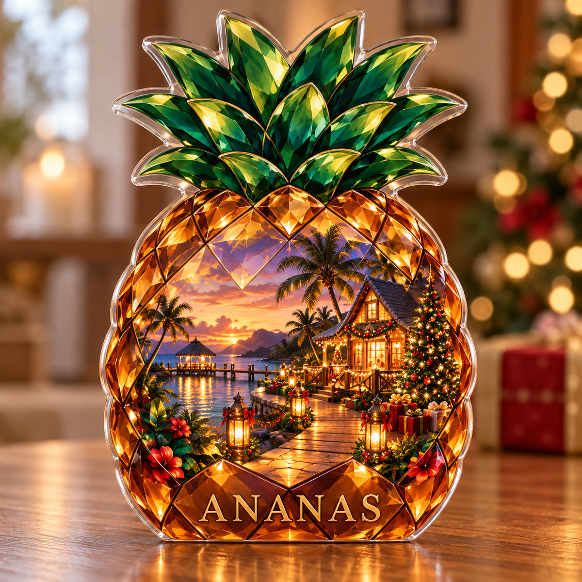 Front-view digital preview of a Christmas amber pineapple acrylic plaque with example name ANANAS integrated into the lowest fruit body facets