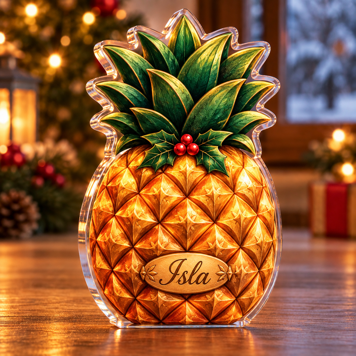 Front-view digital preview of a Christmas pineapple island wish acrylic plaque with example name Isla integrated into the pineapple lower rind name cartouche