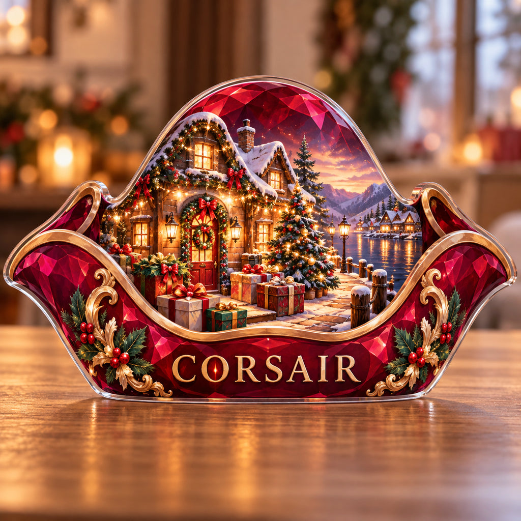Front-view digital preview of a Christmas ruby pirate hat acrylic plaque with example name CORSAIR integrated into the lowest hat brim facets