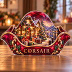 Front-view digital preview of a Christmas ruby pirate hat acrylic plaque with example name CORSAIR integrated into the lowest hat brim facets
